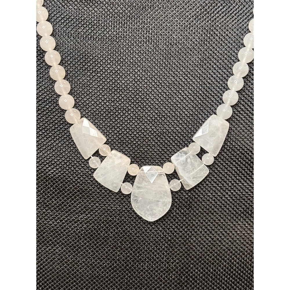 Natural White Quartz Beaded Statement Necklace Faceted Geometric Stones 20 Inch